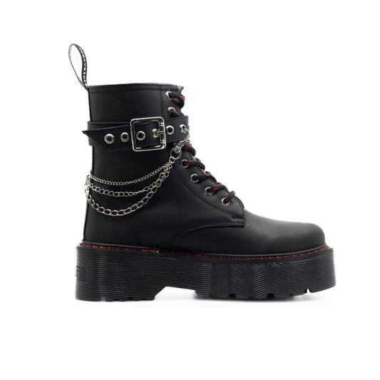 Botas Offlander, Tipo Militar Chunky, Piel Crazy, Negro, Cadenas Plateadas
