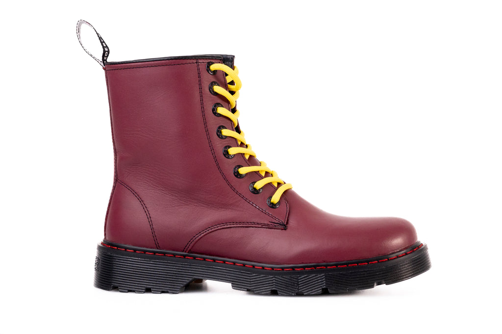 Botas Tipo Militar, Piel Napa, Cherry Vino, Costuras Negras - Offlander