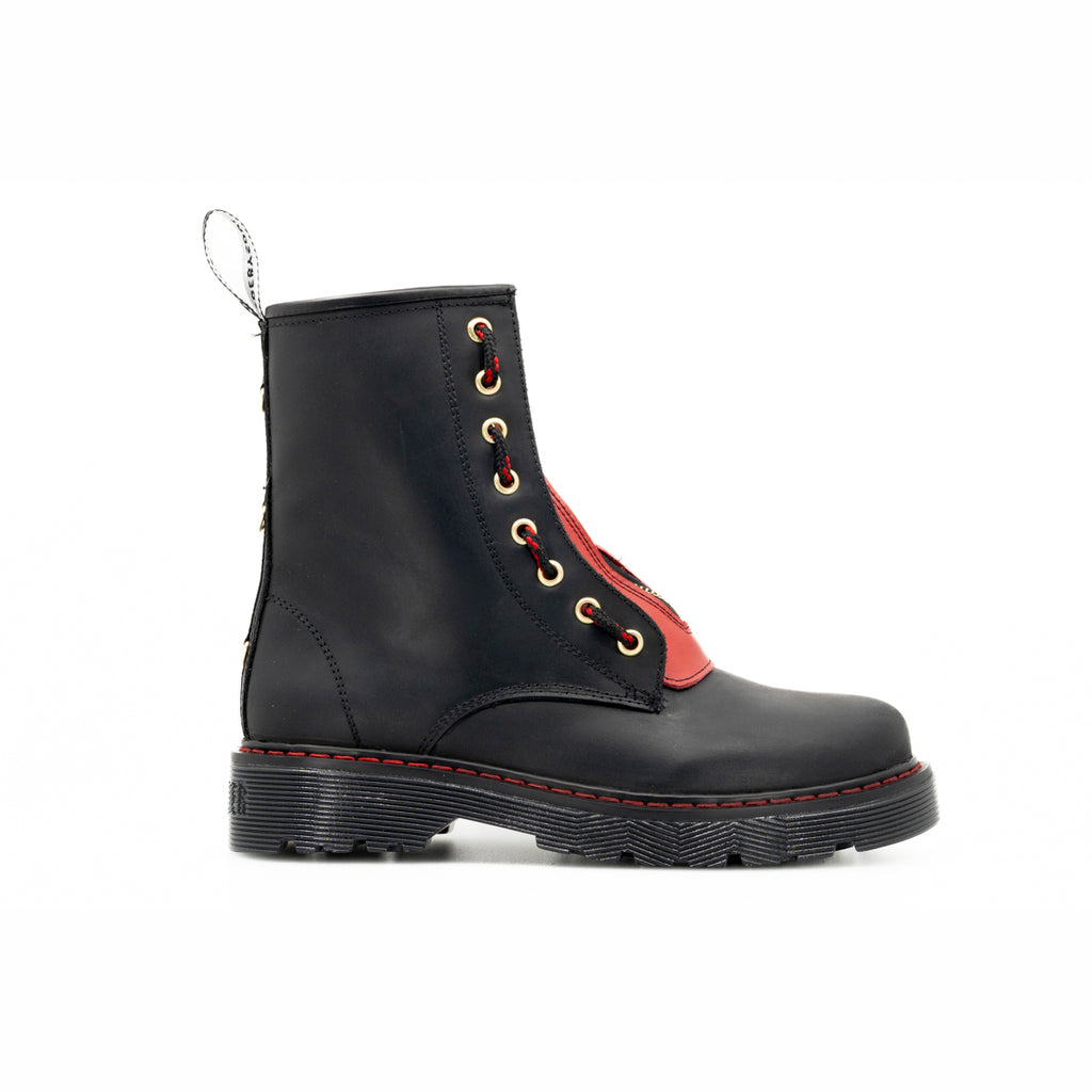 Botas Offlander, Tipo Militar, Piel Crazy, Negro y Rojo, Doble Cierre