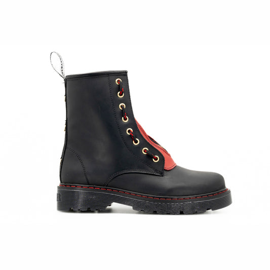 Botas Offlander, Tipo Militar, Piel Crazy, Negro y Rojo, Doble Cierre