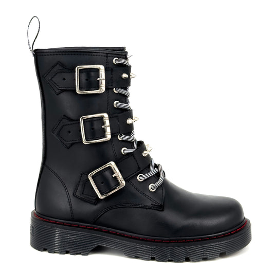 Botas Offlander, Tipo Militar - Amore, Piel Crazy, Negro, Amarre y Estoperoles