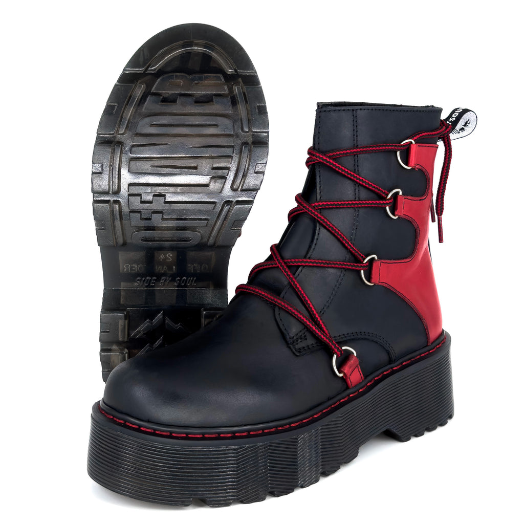 Botas Offlander, Tipo Militar - Rhapsody Chunky, Piel Crazy, Negro y Rojo