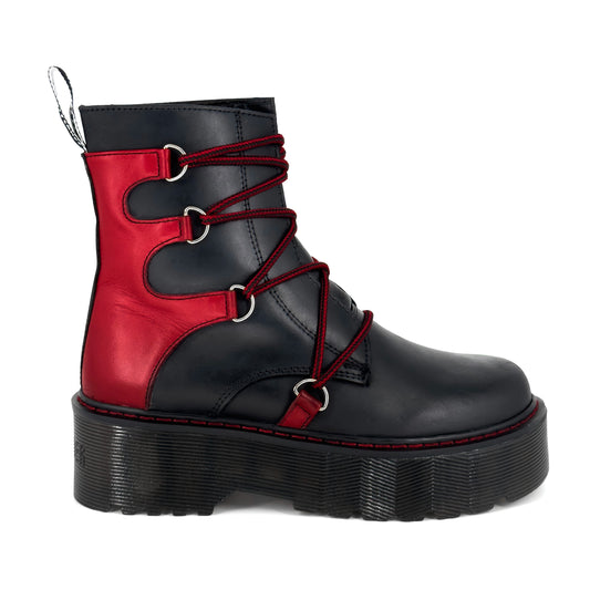 Botas Offlander, Tipo Militar - Rhapsody Chunky, Piel Crazy, Negro y Rojo