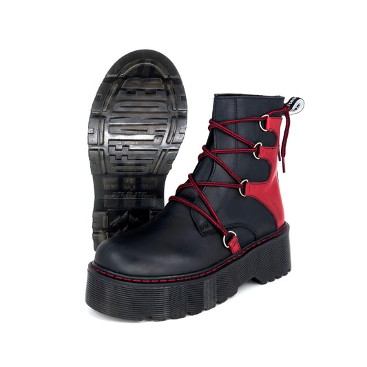 Botas Offlander, Tipo Militar - Rhapsody Chunky, Piel Crazy, Negro y Rojo