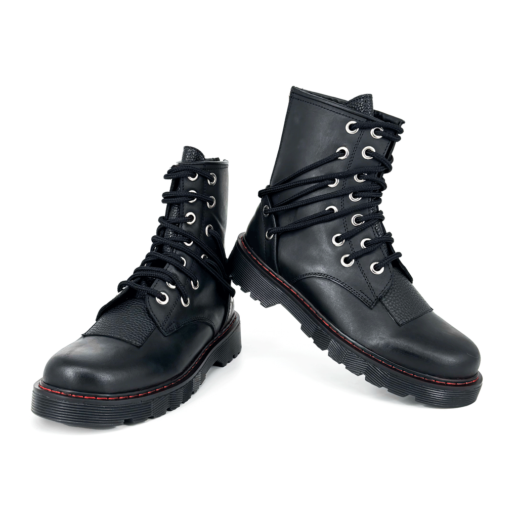 Botas Offlander, Tipo Militar, Piel Crazy, Negro, Doble Ojillo